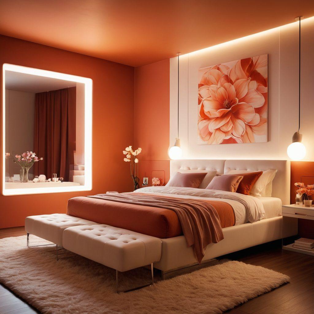 A sleek, futuristic bedroom filled with high-tech romantic toys, bathed in soft, ambient lighting. Showcase a blend of modern gadgets and intimate accessories, creating an inviting atmosphere. Incorporate elements of desire, such as luxurious fabrics and warm colors, harmonizing with tech innovation. Include subtle hints of romance, like candles or flowers, to enhance the mood. surrealistic, warm colors, soft focus.