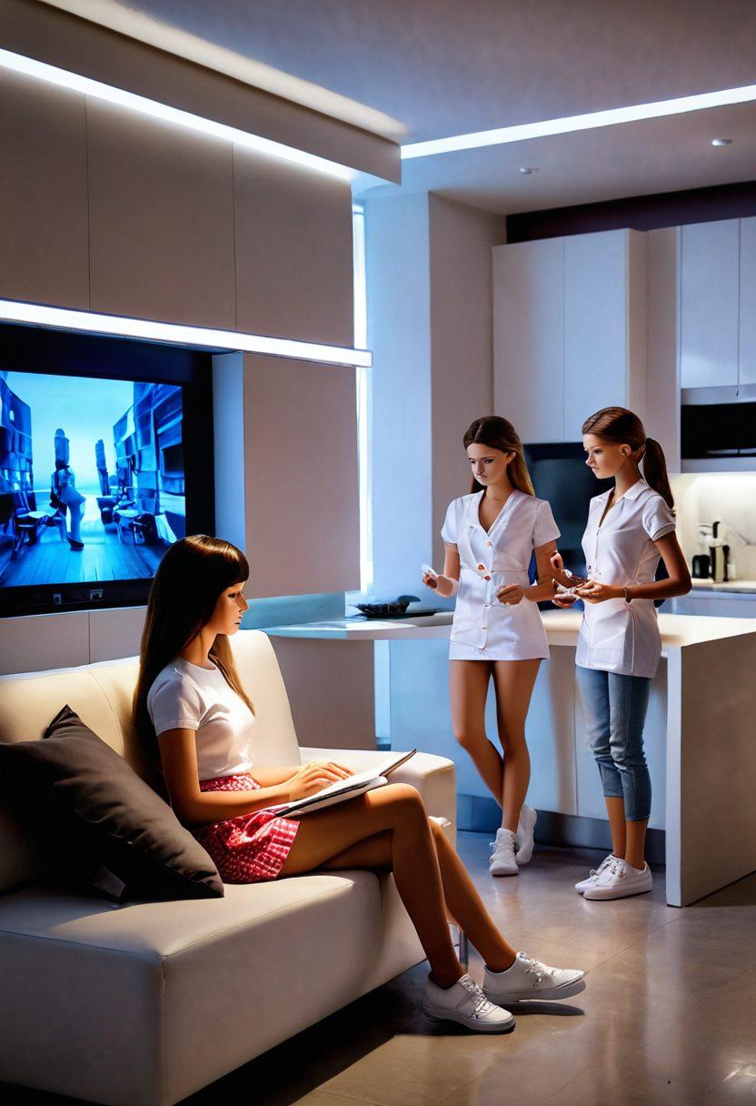 A futuristic setting showcasing lifelike interactive dolls in a modern living space, engaging in meaningful companionship activities like reading and cooking. The dolls should have an enchanting and sophisticated design, with expressive facial features and realistic textures. Soft ambient lighting enhances the serene atmosphere, while a hint of technology is evident through touchscreen interfaces. The background features sleek furniture and digital screens reflecting the concept of intimacy and companionship. super-realistic. soft lighting. vibrant colors.